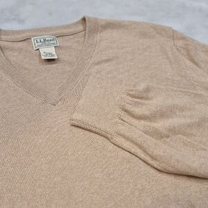 LL Bean XL Cashmere Cotton‎ Blend V Neck Sweater Tan Khaki Lightweight EUC